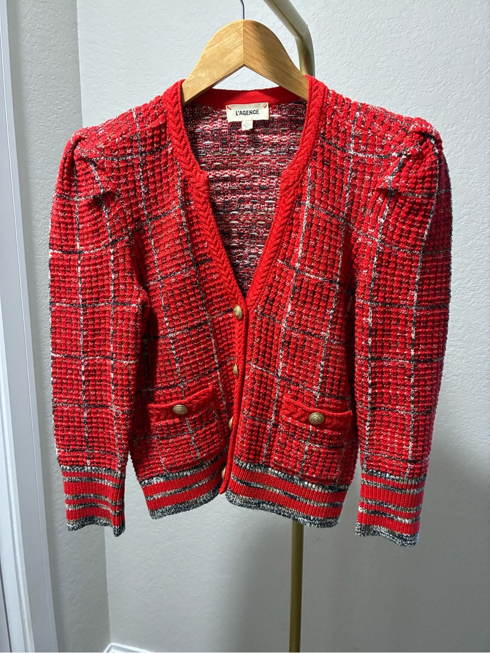L'AGENCE red structured sweater jacket with Gold Buttons